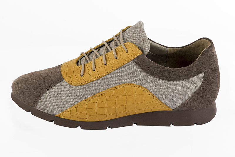 Chocolate brown, natural beige and mustard yellow women's three-tone elegant sneakers. Round toe. Flat rubber soles. Profile view - Florence KOOIJMAN